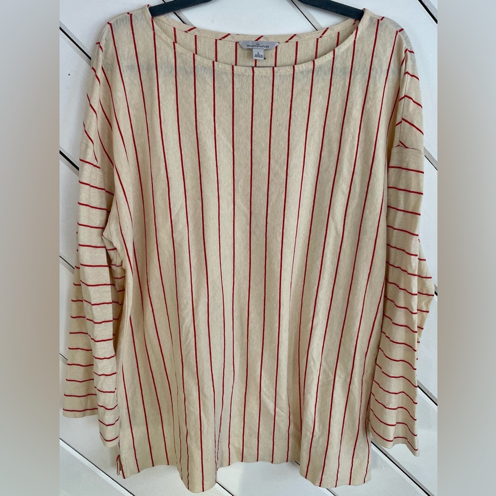 L.L. Bean Signature Cream and Red Striped Top Hemp Cotton Coastal Eco